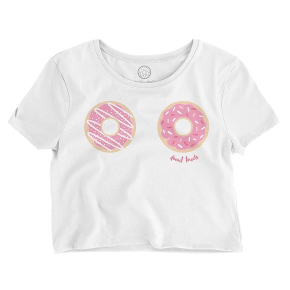 Muscles & Donuts Tops - Muscles & Donuts "Donut Touch!" Graphic Cropped Tee, White & Pink, Size Med